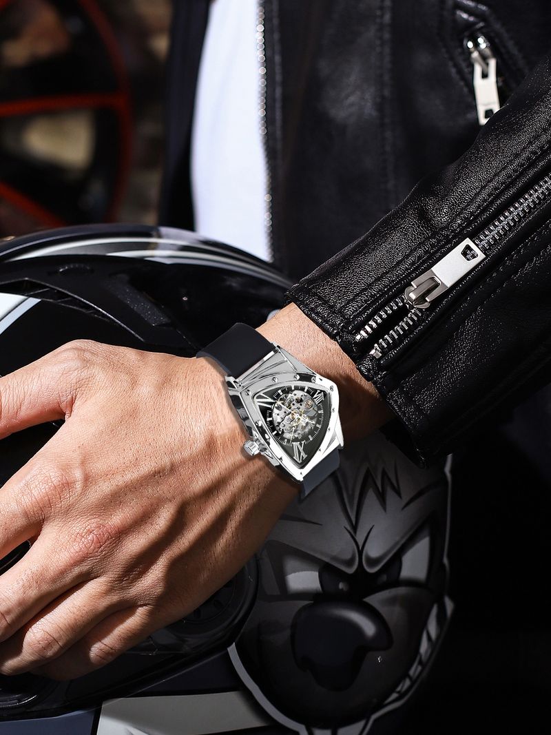 DUNCOUGAR Fashion Triangle Skeleton Dial Automatic Watch Black Silver Silicone Strap Mechanical Wristwatch Top Brand Men's Clock_voghion.com