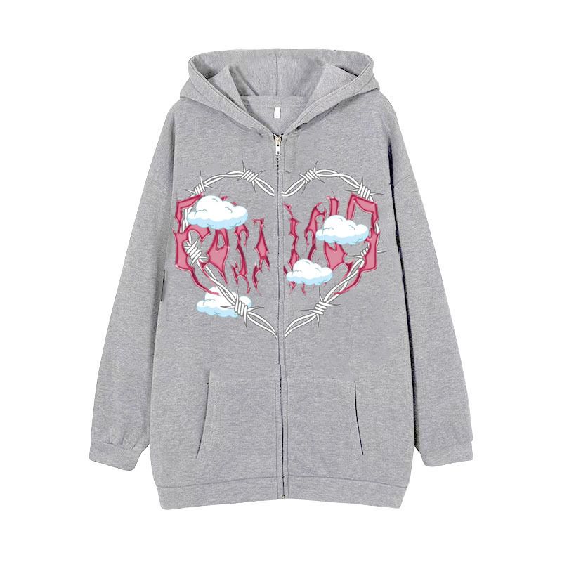 Herrenbekleidung Spot Direct Hair Fleece Damen Langarm-Kapuzenpullover mit Reißverschluss Herzförmiger Wolkendruck-Kapuzenpullover_voghion.com