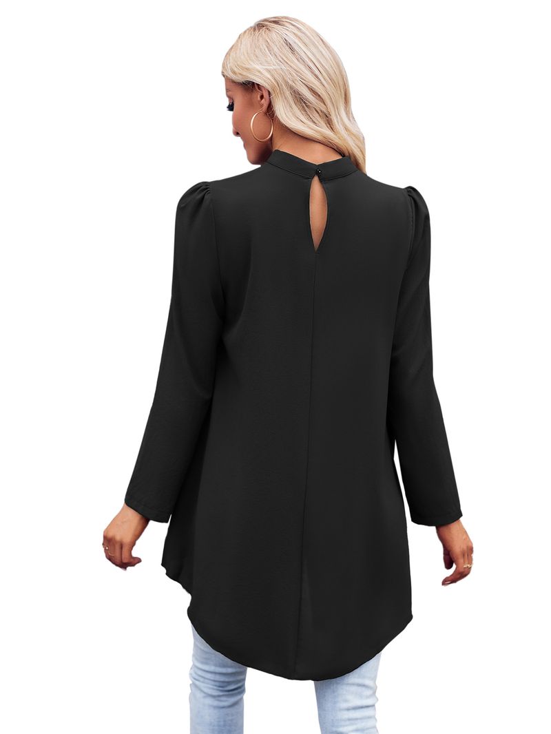 Abbigliamento da donna, camicia in due pezzi finta a maniche lunghe, tinta unita, collo semi-alto, casual, da donna_voghion.com