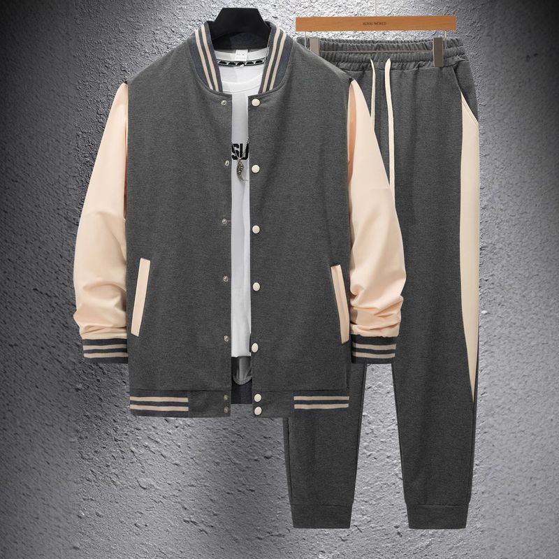 Autumn Winter New Baseball Jacket Casual Versatile Men's Cardigan Coat Color Block Sports Pants Set_voghion.com