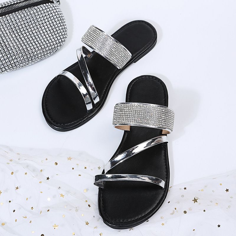 Women's Shoes Large Size Casual Slippers Summer New Round Head Rhinestone Flat Sandals_voghion.com