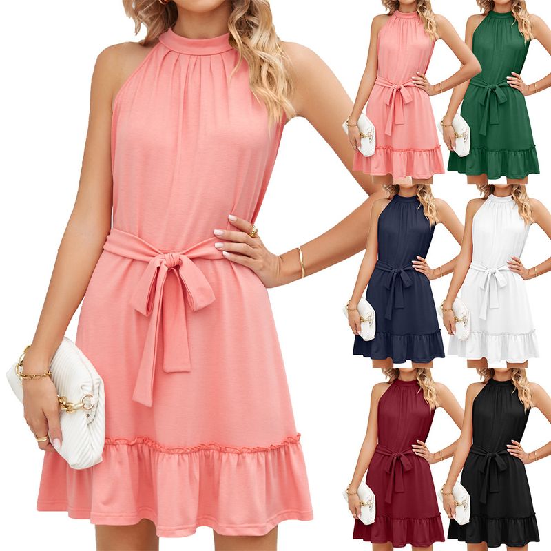 2023 Summer New Solid Neck Lace Up Canotta Abito pieghettato senza maniche_voghion.com