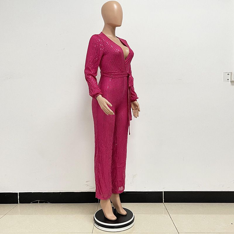 Damkläder Ins Style Deep V Mode Casual Jumpsuit Långärmat Bälte Paljett Jumpsuit Dam_voghion.com