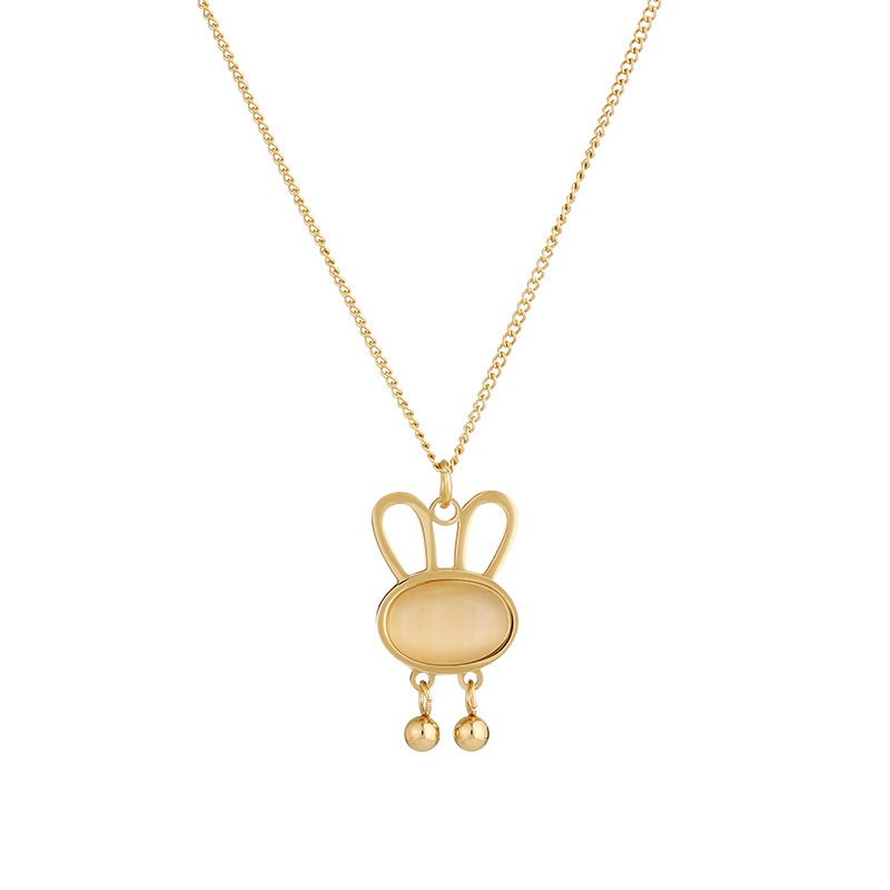 Cat's Eye Stone Internet Red White Fritillaria Cute Rabbit Ear Bell Pendant With Collar Chain, Titanium Steel Plated_voghion.com