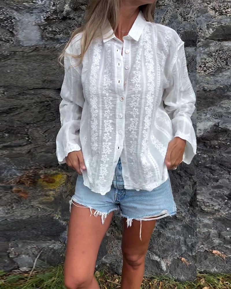 Cárdigan de cuello polo con huecos y bordados de color liso para mujer_voghion.com