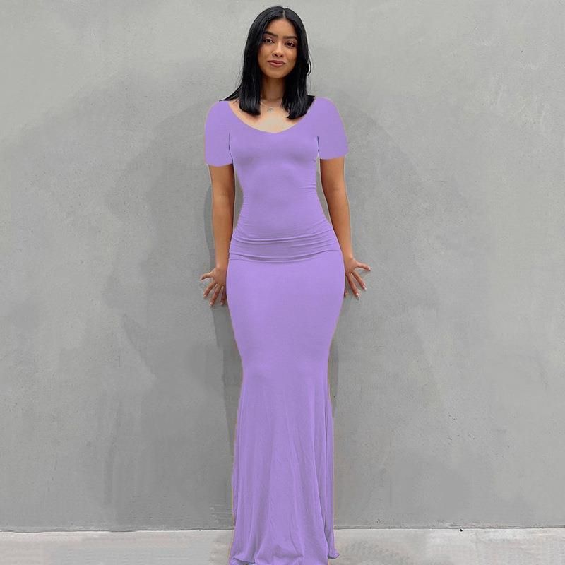 Damenbekleidung Langes Kleid Lässiges, schmales, langärmliges Heimkleid_voghion.com