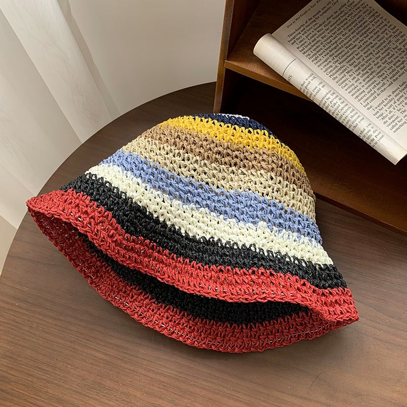 Moda Hyun Ya Feng Arcobaleno Erba Intrecciata Pescatore per Donna Estate Traspirante Parasole e Cappello da Pescatore con Protezione Solare Edizione Coreana_voghion.com
