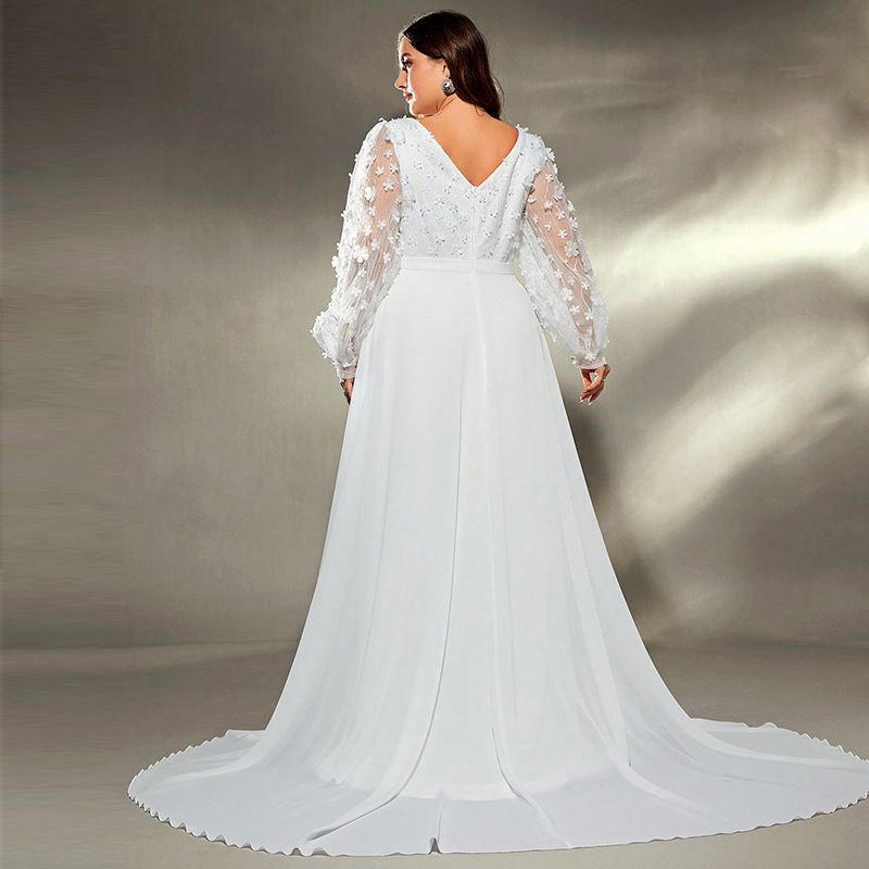 Elegantes Abendkleid mit V-Ausschnitt und langen Ärmeln für Damen – Abendkleid in Übergröße für Hochzeit, Bankett und Party_voghion.com