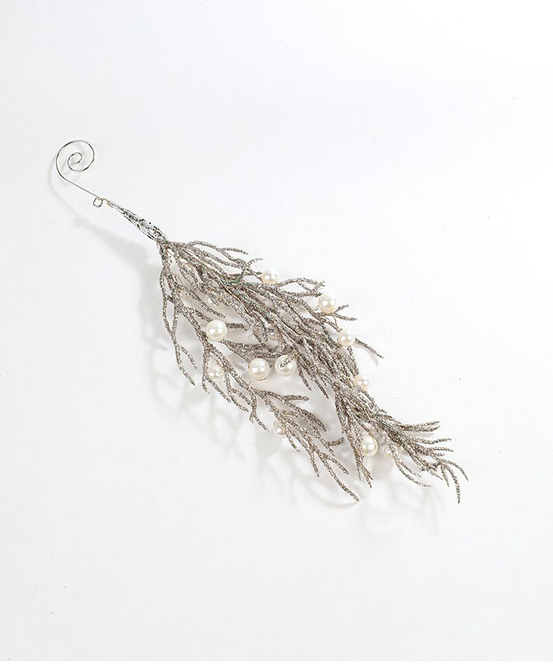 Ornements de Noël en forme de feuille de pin en plastique orné de perles couleur champagne doré – Décoration élégante et irrégulière à suspendre pour décorer votre sapin et votre intérieur pendant les fêtes._voghion.com