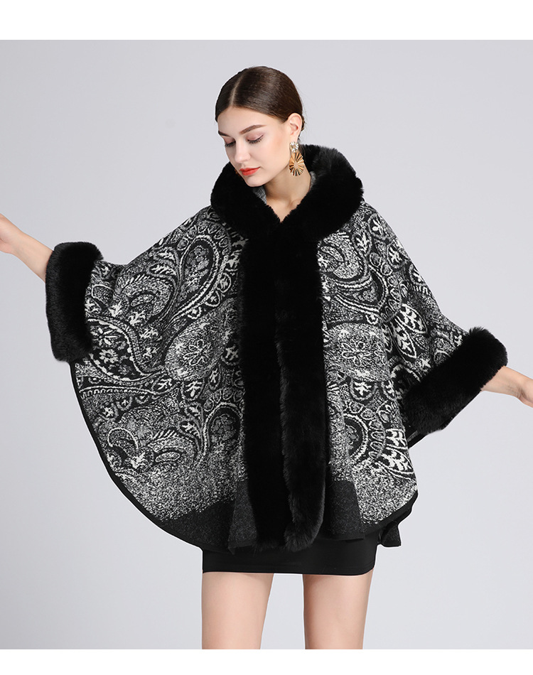 Cardigan in lana di grandi dimensioni con collo a scialle con cappuccio jacquard in pelliccia di coniglio rex di nuovo stile per donna_voghion.com