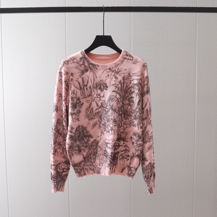 Women's Clothing Women's jungle tiger print round neck pullover long-sleeved sweater base layer slim slim sweater_voghion.com