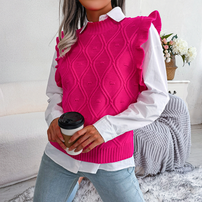 2025 Herbst Winter Rüschen Rand Diamant Gestrickte Weste Pullover Damenmode_voghion.com