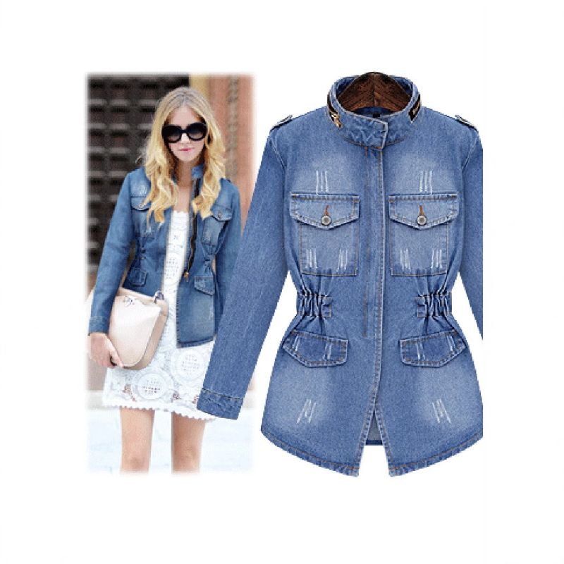 K Nuova giacca in denim da donna; cappotto a maniche lunghe di taglia comoda._voghion.com
