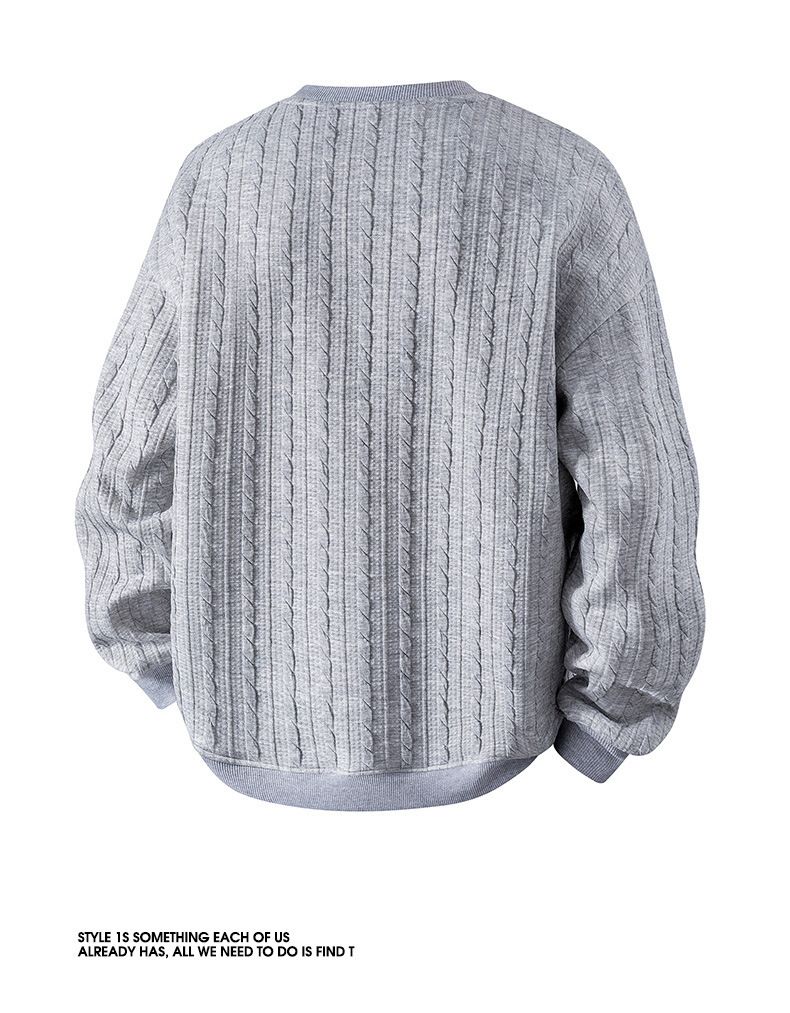 Men's Cable Knit Sweatshirt – Oversized Drop-Shoulder Crewneck With Jacquard Detailing (Black/Light Grey/White)_voghion.com