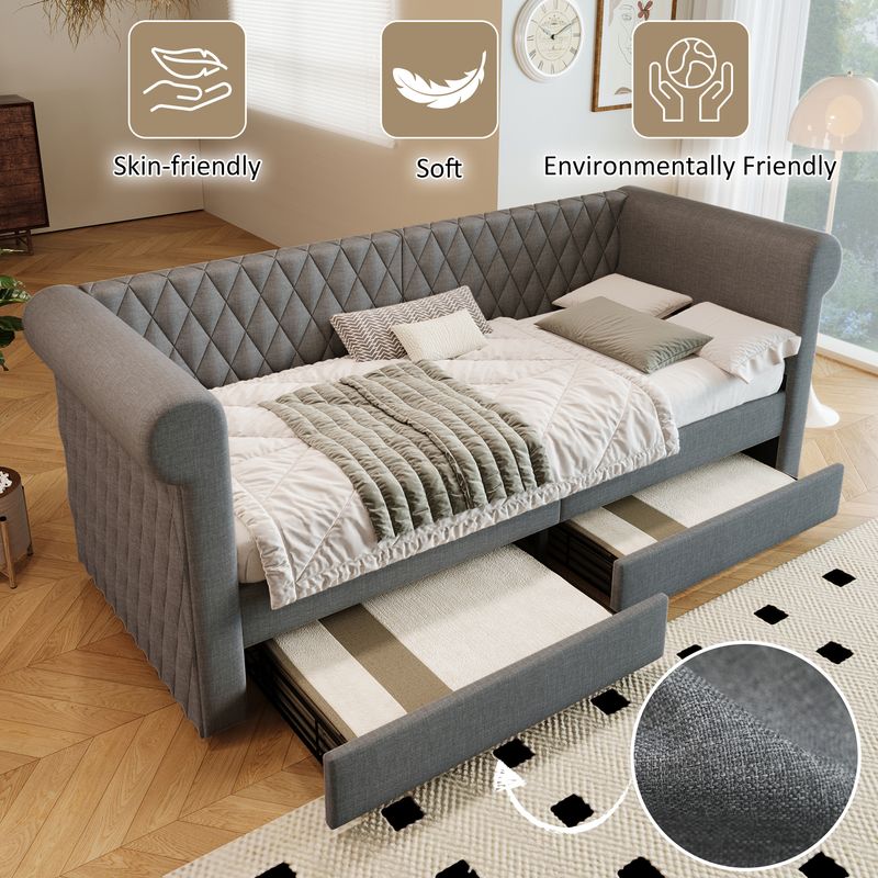 Canapé-lit vintage capitonné 90 x 200 cm, méridienne avec 2 tiroirs de rangement, sommier à lattes en bois, cadre de lit enfant et adolescent, tissu lin, gris (matelas non inclus)_voghion.com