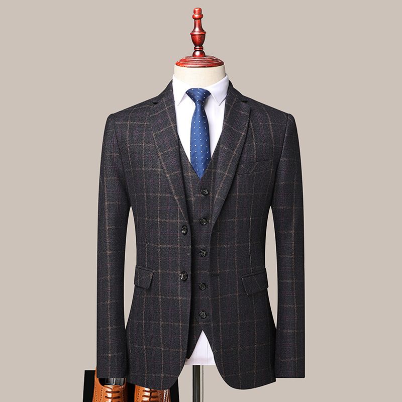 Completo da uomo a quadri CT in stile coreano, vestibilità slim fit, modello 2025, per uomini giovani e di mezza età, completo da tre pezzi_voghion.com