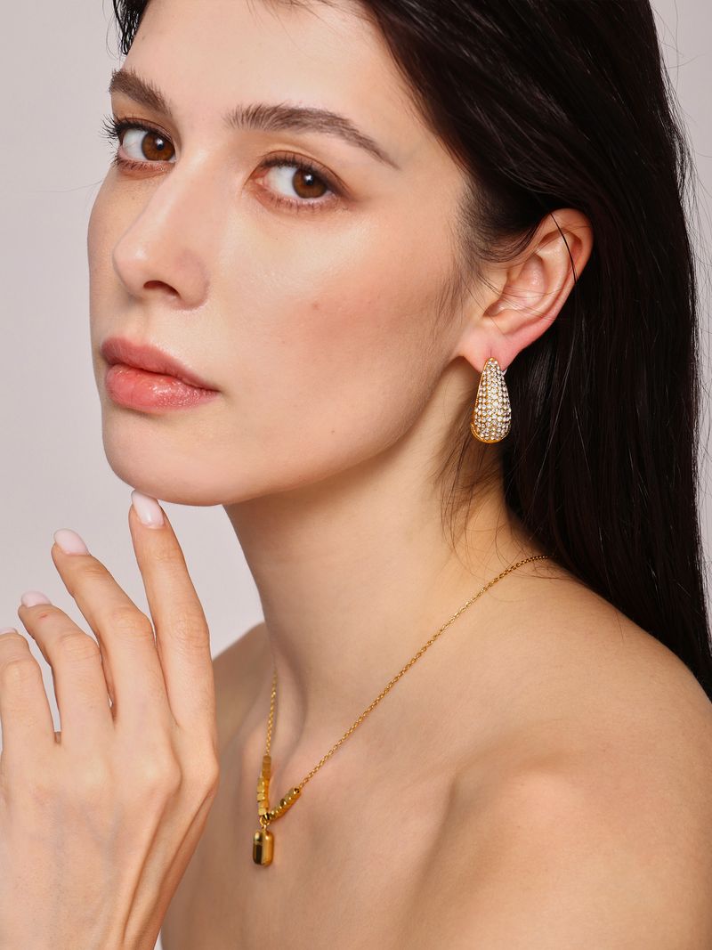 Women's Jewelry Set Water Drop Diamond Earrings French Small Square Carved English Square Pendant Necklace Daily Accessories_voghion.com