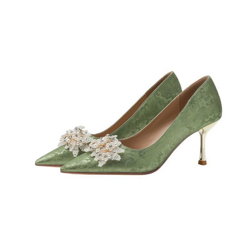 Scarpe da sposa con tacco sottile a punta e strass, perle, da donna, da sposa e da damigella d'onore, per pendolari, con tacco professionale da donna_voghion.com