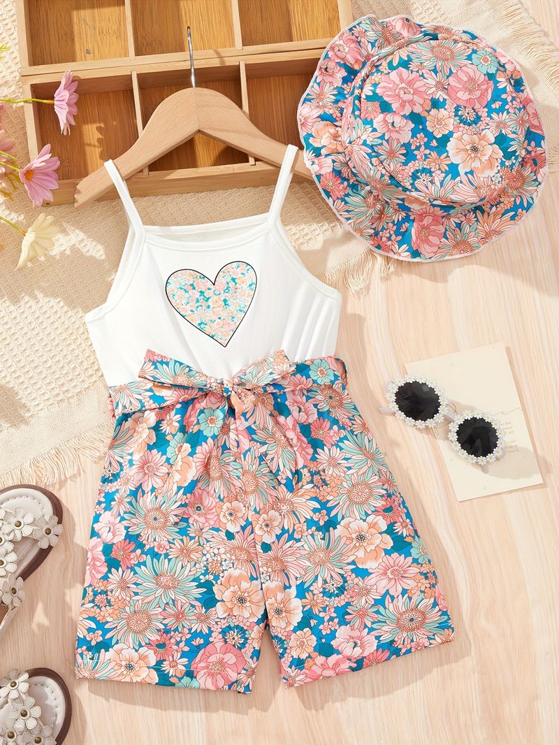 Mother & Kids INS Girls' Fashionable Ribbed Stitching Flower Full Print Jumpsuit Fashionable Pattern_voghion.com