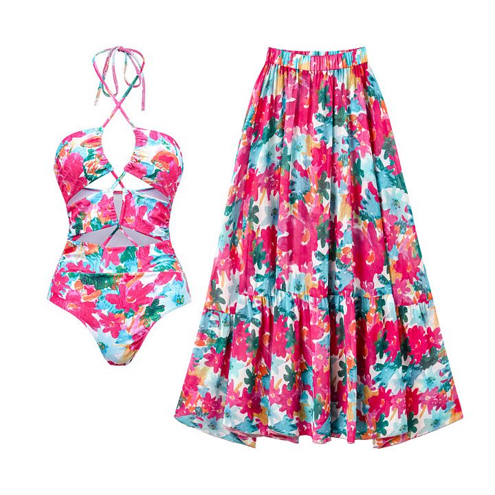 Maillot de bain une pièce pour femme, ensemble maillot de bain une pièce à imprimé ajouré, col licou et jupe parapluie_voghion.com