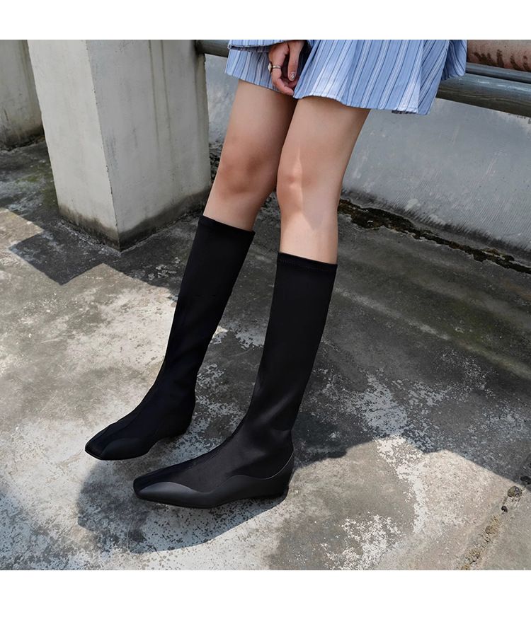 Stivali da donna con tacco nascosto, snellenti, elastici, punta quadrata, lavorati a maglia, casual, versatili, neri_voghion.com