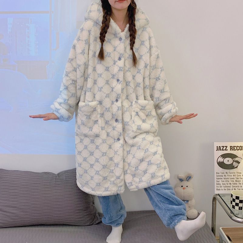 Pigiama da donna in pile corallo, lungo, in flanella spessa e felpata, set da notte_voghion.com