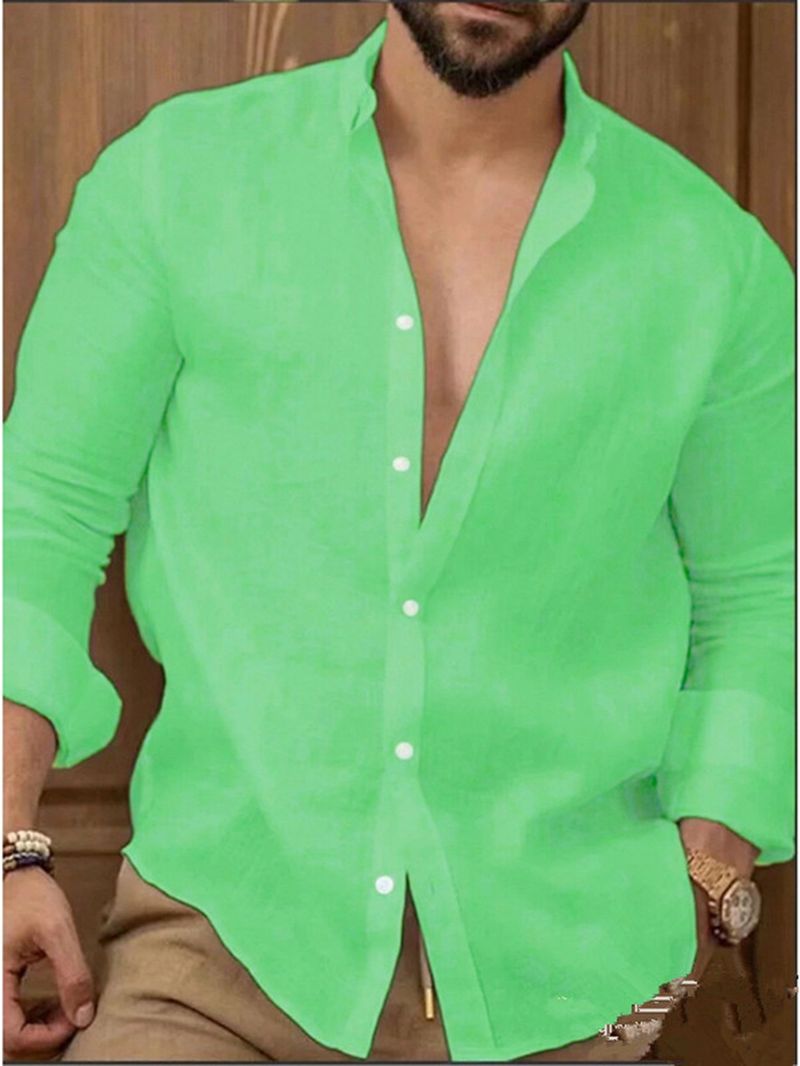 Pulse 2025 Foreign Station Long Sleeve European And American Cotton Linen Solid Color Men's Youth Casual Shirt_voghion.com