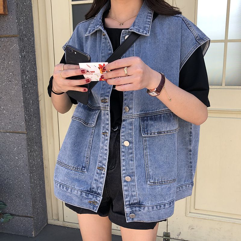 Veste en jean ample d'automne pour femme, style coréen, coupe slim, polyvalente, style Harajuku, sans manches_voghion.com