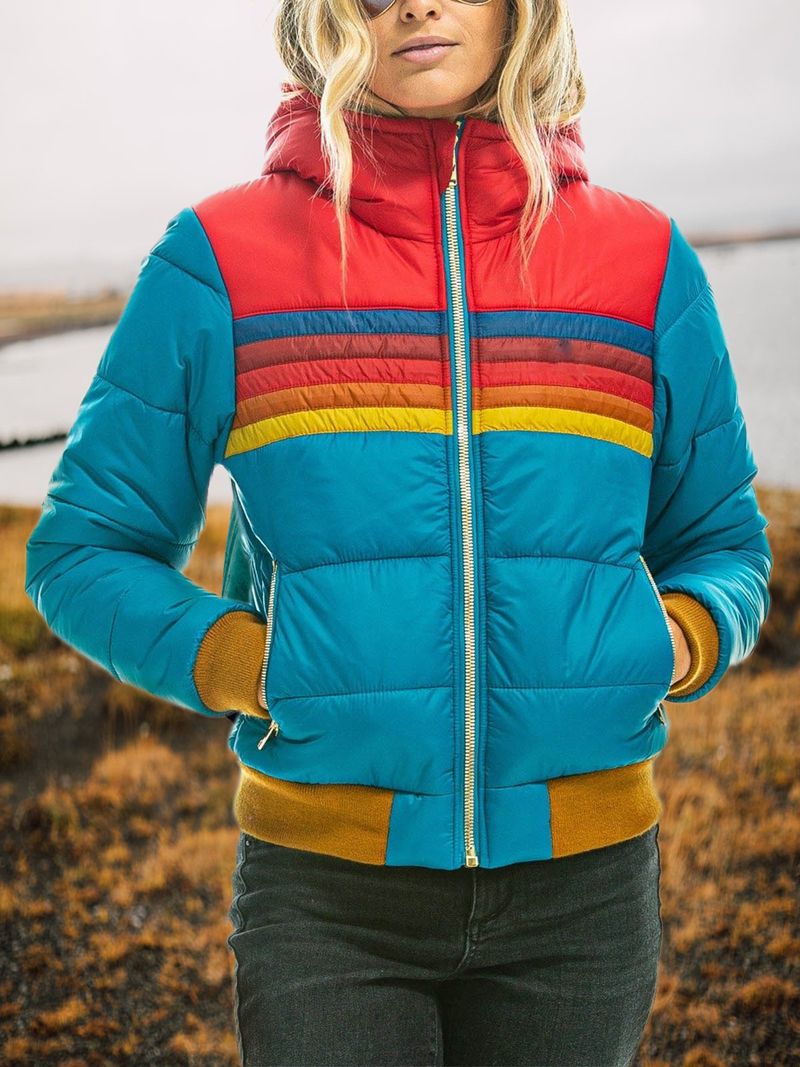 Lässige, kurze Pufferjacke mit Kapuze und Print für Damen – Wintermantel im Farbblockdesign mit Baumwollfüllung, schmale Passform, lange Ärmel, Reißverschluss_voghion.com