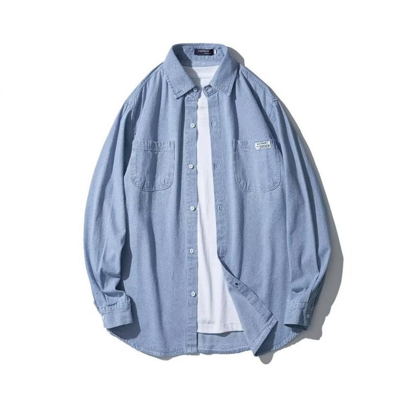 Camicia in denim da uomo, autunno, tendenza, ampia, sottile, stile Hong Kong, blu scuro, a maniche lunghe, casual, da uomo e da donna_voghion.com