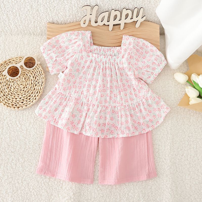 Two piece set western-style children's floral short sleeved long pants girls summer, 2 pieces of clothing for little_voghion.com