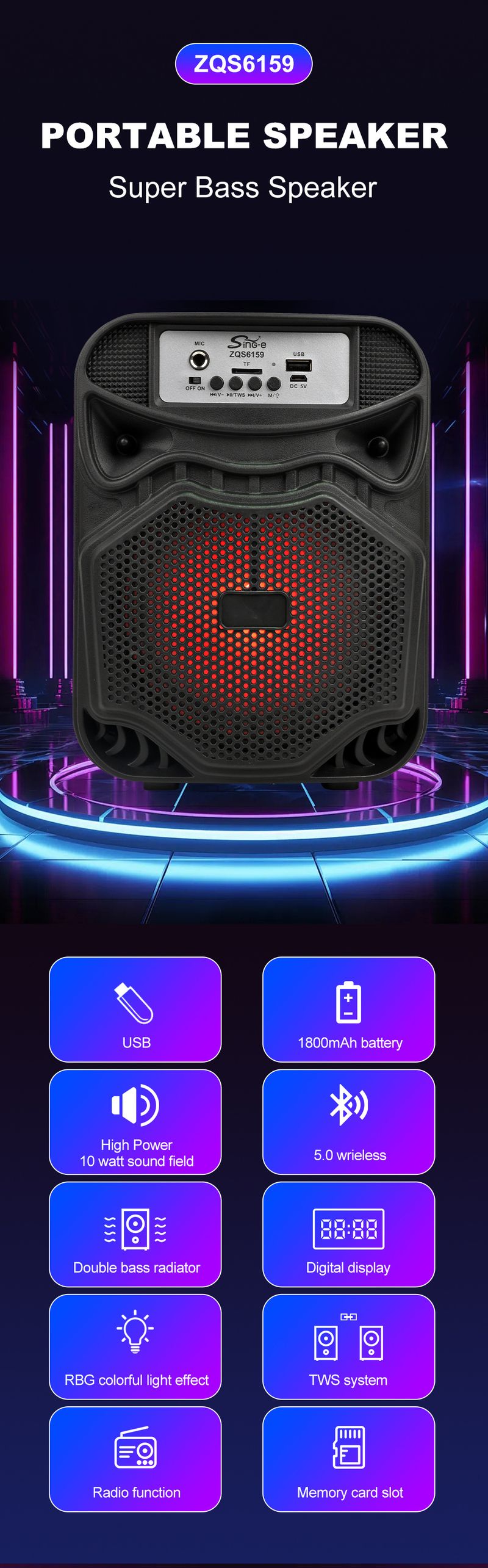 ZQS6159 Bluetooth-tie-tanko 6 tuuman äänijohdollinen mikrofoni karaoke-neliötanssipuhe ulkokaiutin_voghion.com