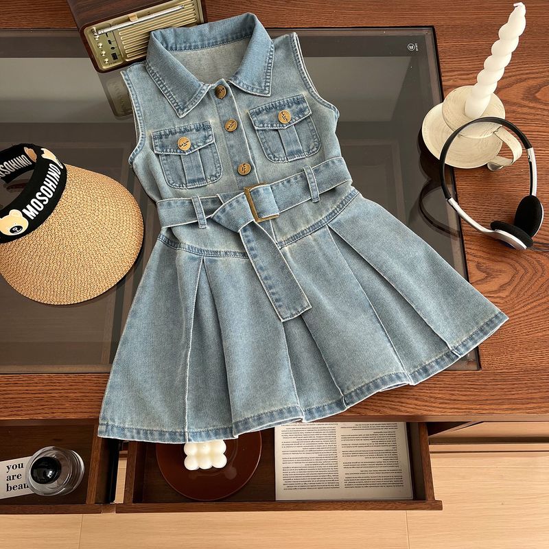 Abito in denim senza maniche in vita con risvolto per ragazze coreane estive 2024 per mamma e bambini_voghion.com