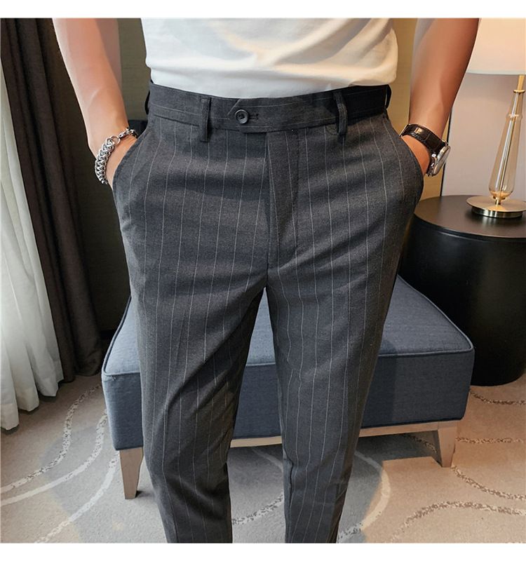 Summer thin men's slim-fitting trousers fashionable striped pants Korean version comfortable micro-elastic small foot_voghion.com