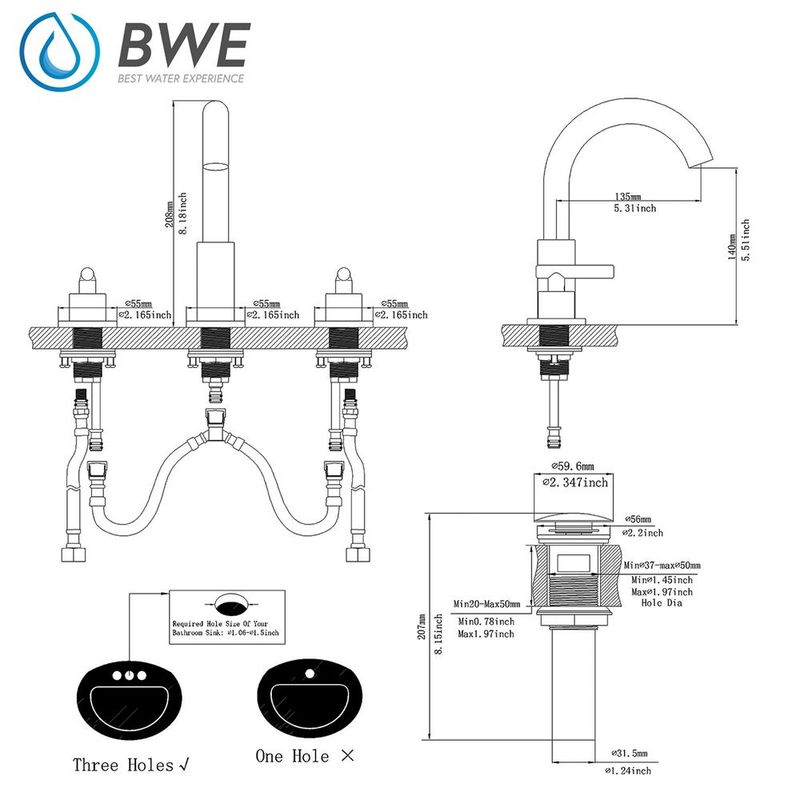 8 In. Widespread 2-Handle Mid-Arc Bathroom Faucet With Valve And CUPC Water Supply Lines In Brushed Gold_voghion.com