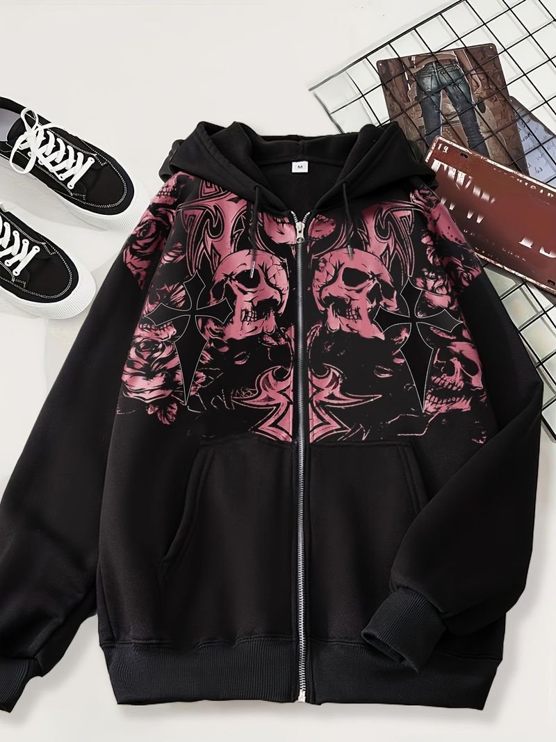 Herren-Hoodie mit Gothic-Totenkopf-Print – Schwarzes Sweatshirt mit Reißverschluss und Fleecefutter, Oversize-Passform, Langarm, Unisex-Streetwear für Freizeitkleidung_voghion.com