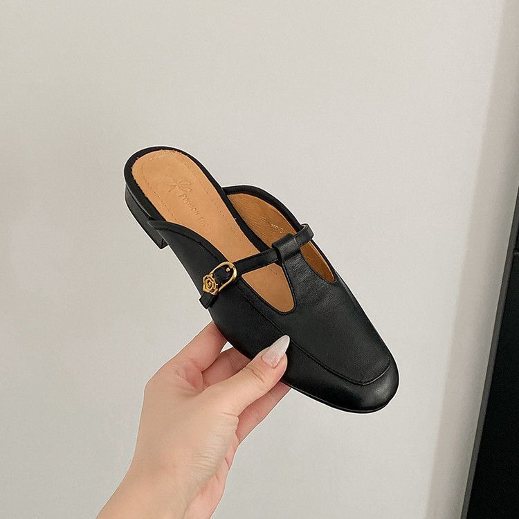 Flat Bottomed 2025 Summer New Baotou Slippers Soft Leather Women's Shoes With Thick Heels And A Straight Strap For_voghion.com