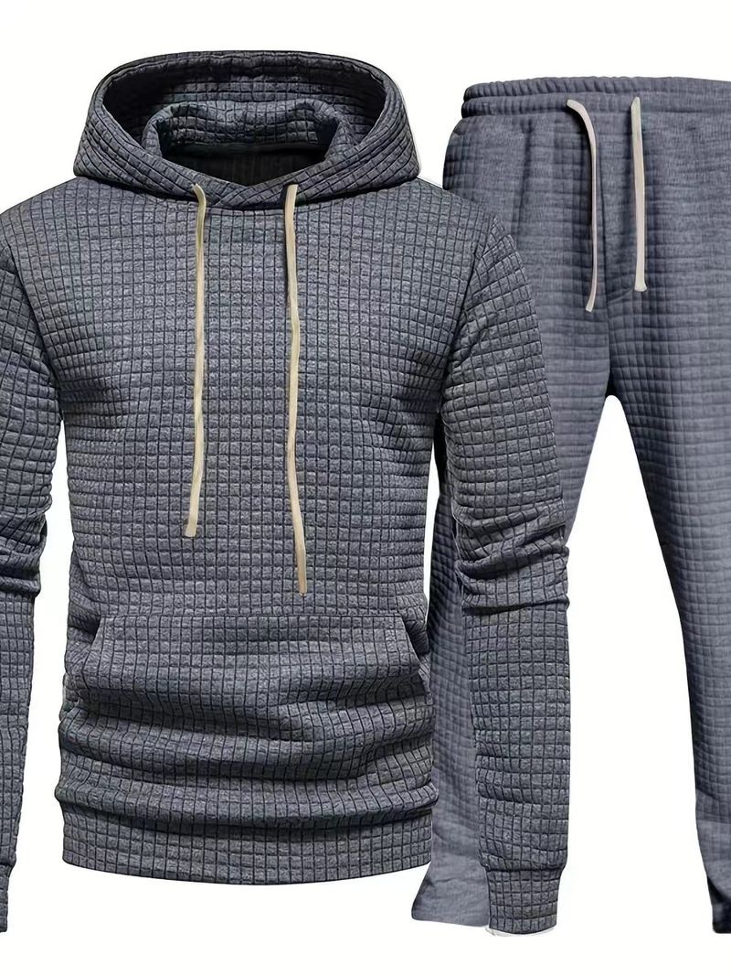 Tuta da uomo con cappuccio in jacquard a nido d'ape - Completo casual leggero in due pezzi per autunno e inverno (bianco, grigio chiaro, grigio scuro, nero, beige)_voghion.com