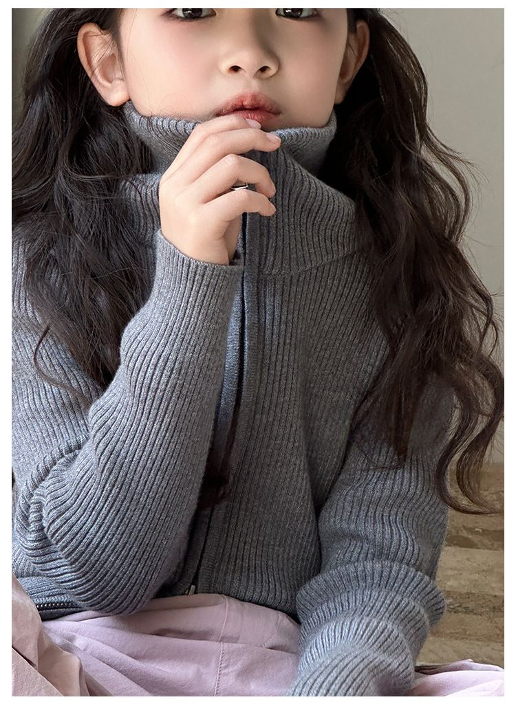 "Rollkragen-Cardigan im koreanischen Stil mit Doppelreißverschluss für Mädchen – Warme Strickpulloverjacke für Winter und Herbst mit All-Match-Design"_voghion.com