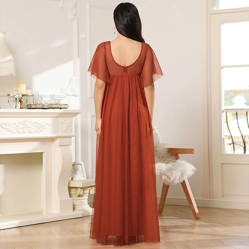 Abito da sera, abito premaman, commercio estero transfrontaliero, europeo e americano, abito con scollo a V, abito da sera, abito lungo in tulle con scollo a V e maniche corte_voghion.com