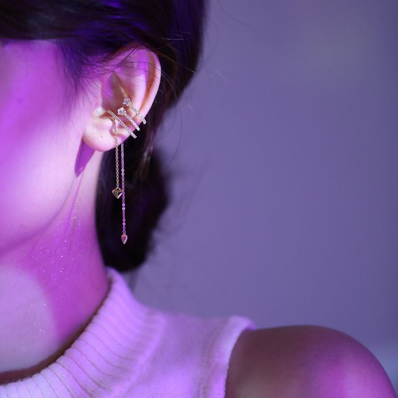 Fashionable Star Tassel Earbone with Micro inlaid Zircon Heart Chain Clip without Ear Hole Temperament Internet Red_voghion.com