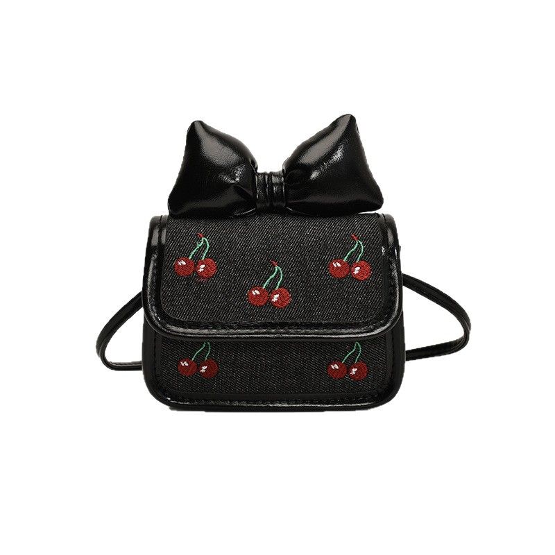 Nuova borsa a tracolla per bambini in stile femminile, carina, con fiocco, mini, quadrata, alla moda, in denim, con ciliegie e squisita fattura_voghion.com