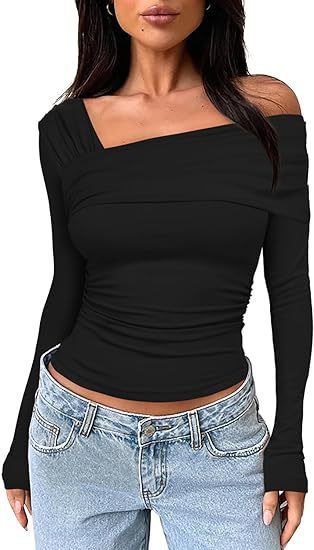 2025 Spring And Autumn Women's Single Shoulder Long Sleeve Top With Ruched Design For Going Out Slim Fit Y2K Style_voghion.com