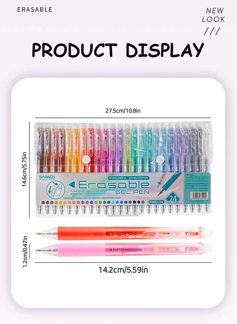 Canetas de gel apagáveis S902 Click, ponta fina de 0,7 mm, 24 cores vibrantes para escrita e desenho suaves, tinta de secagem rápida e antiborrões, ideal para estudantes_voghion.com