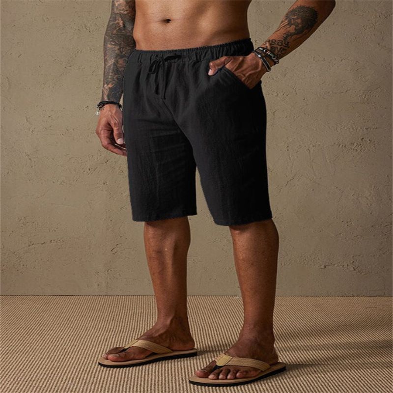 Herren Sommer-Strandshorts aus Leinen-Baumwolle mit Kordelzug, lässig, atmungsaktiv, entspannte Passform, elastischer Bund, mehrere Taschen_voghion.com