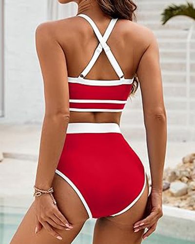 Vêtements pour femmes Maillot de bain pour femmes Ensemble de bikini taille haute Maillot de bain de sport de couleur unie Maillot de bain deux pièces_voghion.com