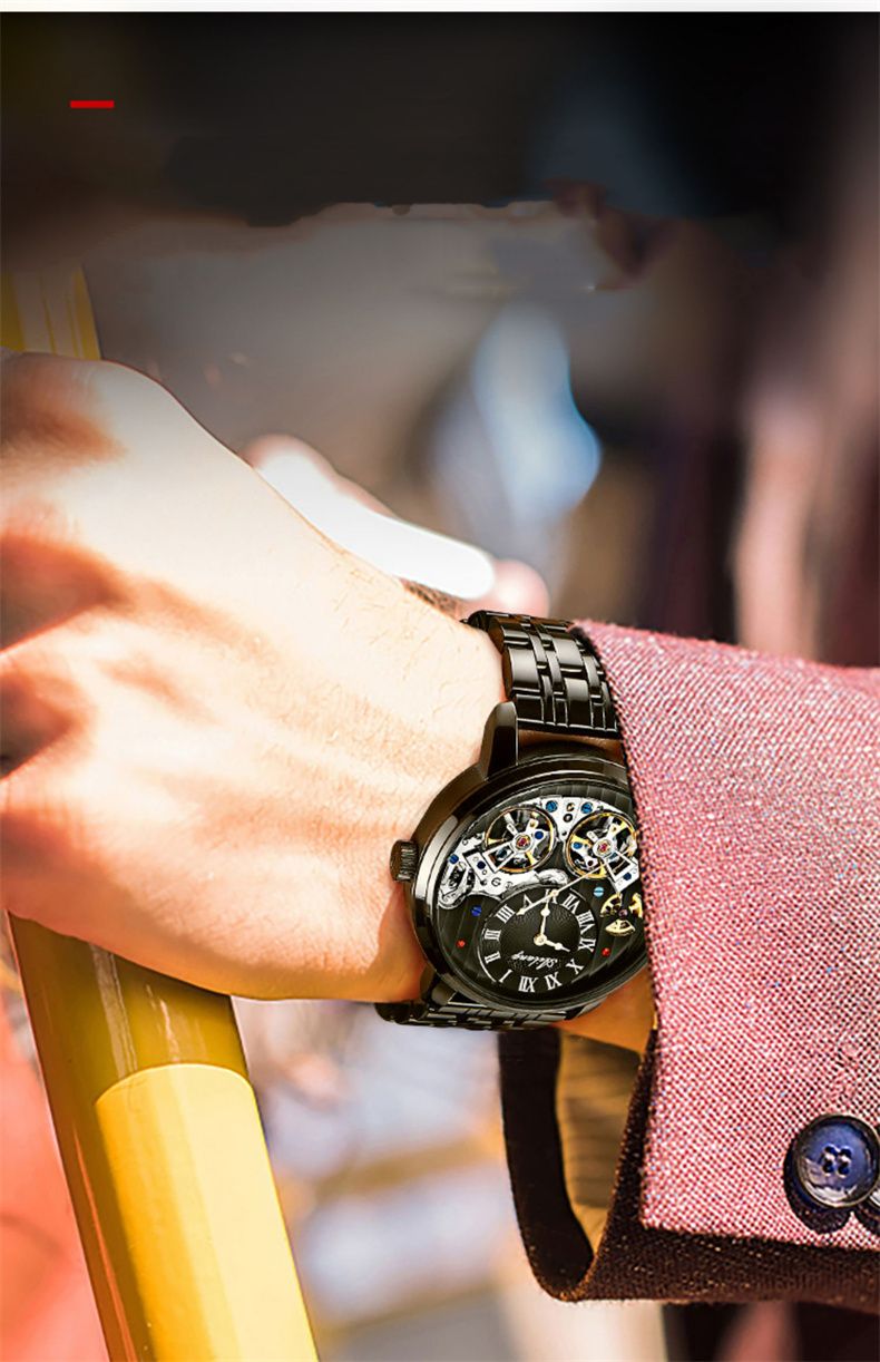 AILANG Mechanical Watch Men 30M Waterproof Automatic Watches Stainless Steel Skeleton Dial Luxury Double Tourbillon Watch Men_voghion.com