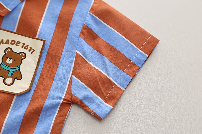 Ensemble deux pièces chemise verticale à manches courtes et short en denim fin pour bébé garçon, nouvelle collection été 2024_voghion.com
