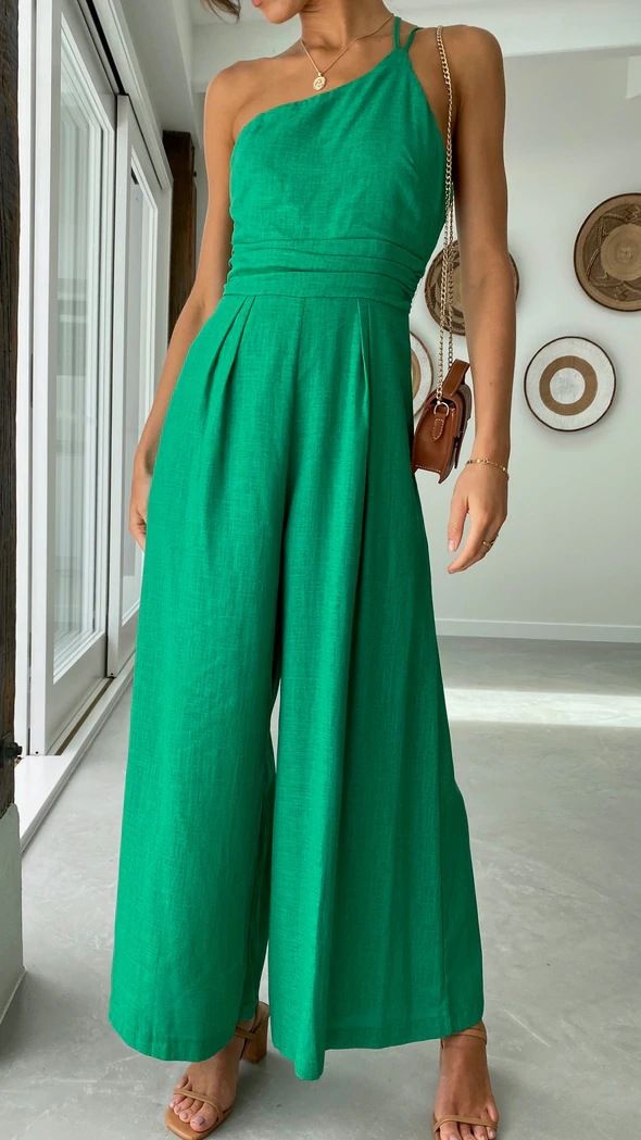 Women's fashion solid color loose wide leg cotton hemp jumpsuit_voghion.com