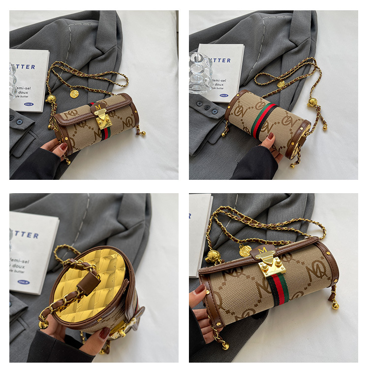 Advanced Women's Small Bag French Chain Shoulder Bag Versatile Spliced Leather Crossbody Cylinder Bag_voghion.com